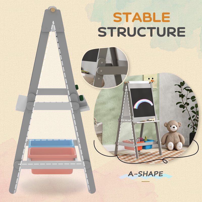 AIYAPLAY Art Easel for Kids with Paper Roll, Double-Sided Painting Easel with Chalkboard, Whiteboard, Eraser, Storage Boxes