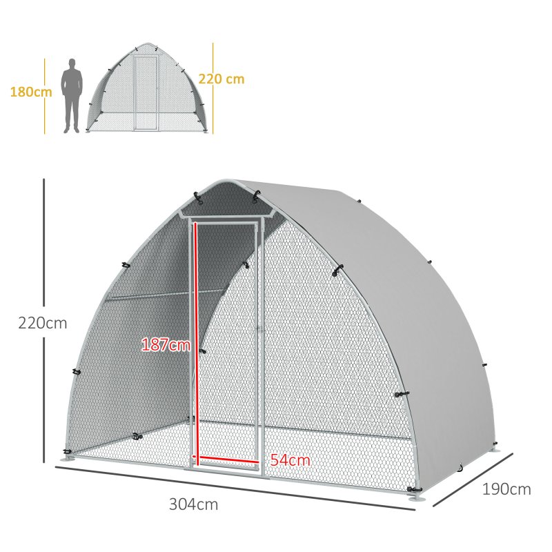 PawHut Walk In Chicken Run, Galvanised Chicken Coop Outdoor with Cover, Poultry Cage, for 8-12 Chickens, Hens, Ducks, Rabbits, 3 x 1.9 x 2.2m - Silver Tone
