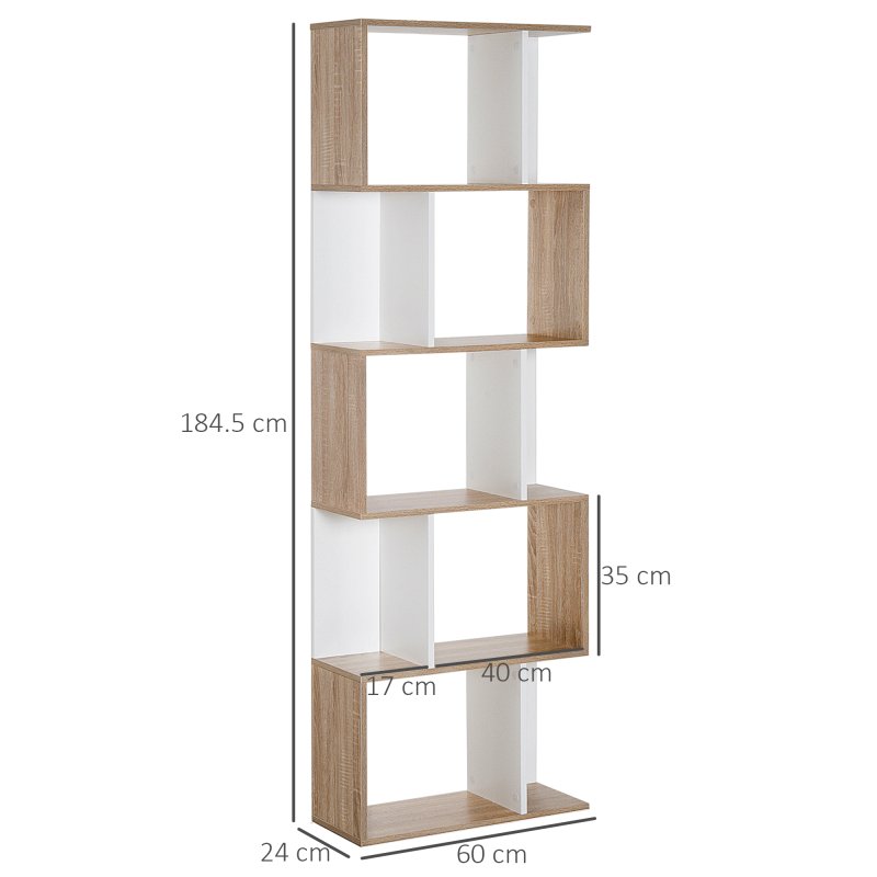 HOMCOM Bookcase, S-Shaped Wooden Bookshelf, 5/6 Tiers Freestanding Storage Shelf, Home Office Decorative Display Stand Rack, 24D x 60W x 184.5H