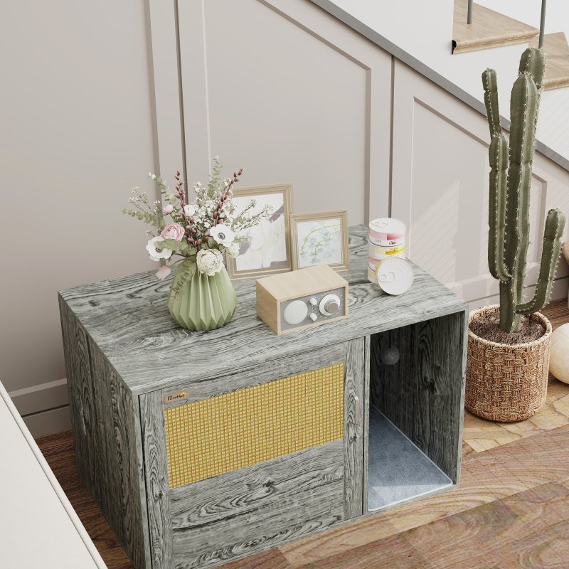 PawHut Cat Litter Box Enclosure with Rattan Door, Boho Style Hiddern Litter Box Furniture, Cat House End Side Table with Scratching Mat, Toy Ball, Non-slip Foot Pads, 80 x 50 x 50cm, Grey