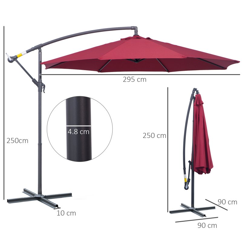 Outsunny 3(m) Garden Banana Parasol Hanging Cantilever Umbrella with Crank Handle and Cross Base for Outdoor, Sun Shade, Wine Red