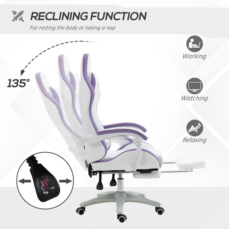 Vinsetto Computer Gaming Chair, PU Leather Office Desk Chair with Footrest, Swivel Wheels, 135?? Reclining Back, Lumbar Support, Headrest for Home, White and Purple