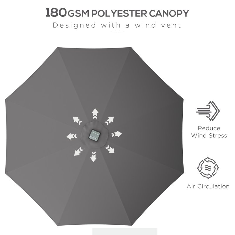 Outsunny 2.65m Garden Parasol with Lights, Solar Charged Warm Yellow LED Patio Umbrella with Crank Handle, for Balcony, Outdoor and Lawn, Charcoal Grey