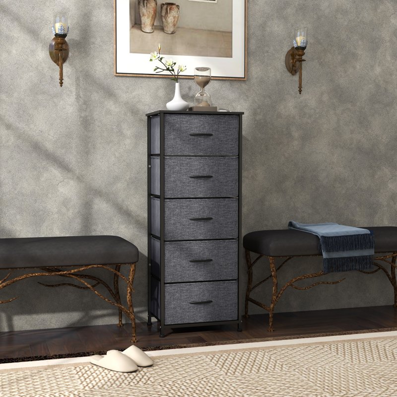 HOMCOM Fabric Chest of Drawers, Storage Drawers, Industrial Bedroom Dresser with 5 Fabric Drawers, Steel Frame and Wooden Top for Nursery, Living Room, Hallway, Dark Grey