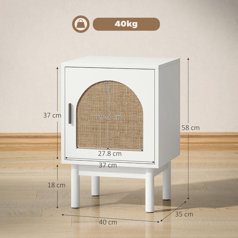 HOMCOM Rattan Bedside Table, Boho Bedside Cabinet with Adjustable Shelf and Solid Wood Legs, Side Table for Living Room, Bedroom