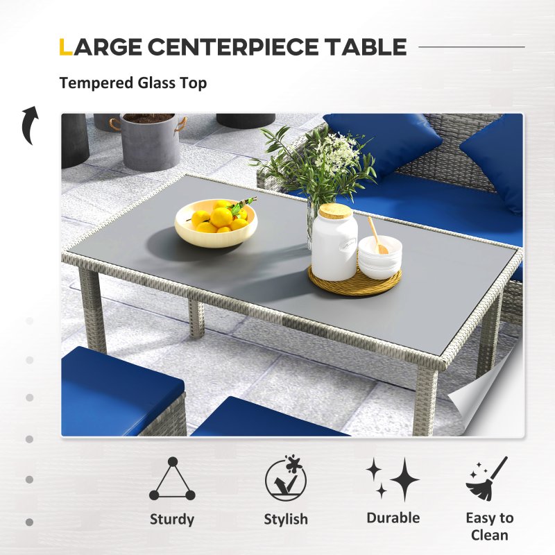 Outsunny 5 Pieces Rattan Garden Furniture Set, 6 Seater Wicker Dining Set, Corner Garden Sofa Outdoor Furniture Set with Glass Top Table, Footstool and Cushions for Patio, Dark Blue