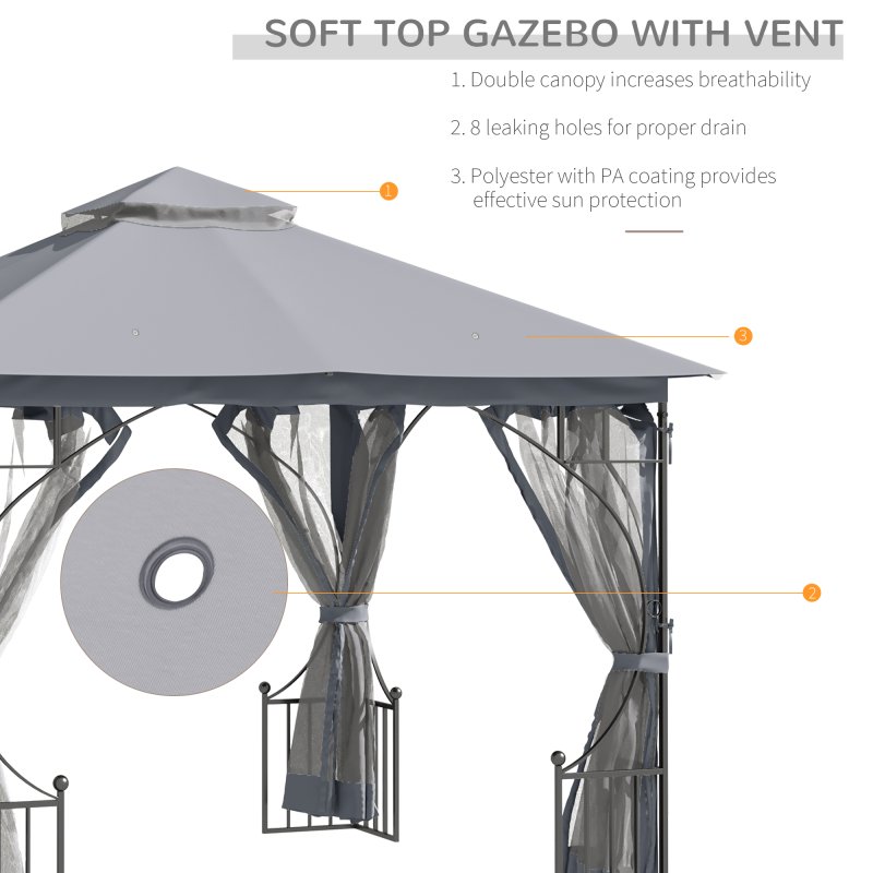 Outsunny 3 x 3m Garden Gazebo Patio Party Tent Shelter Outdoor Canopy Double Tier Sun Shade with Metal Frame and Netting, Light Grey