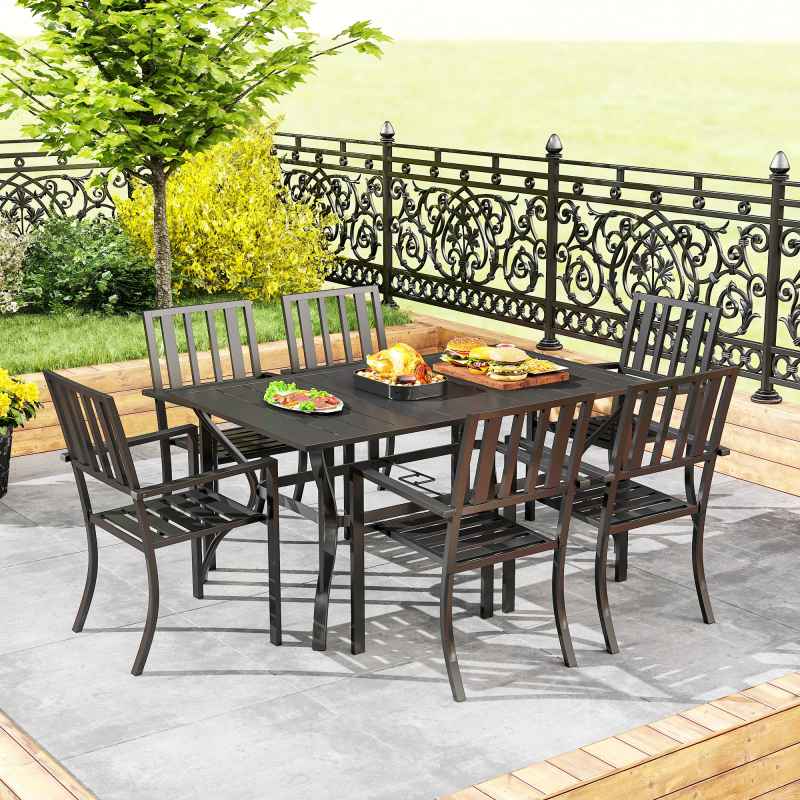 Outsunny 7 Pieces Patio Dining Set, 6 Seater Outdoor Table and Stackable Chairs with Umbrella Hole, Galvanised Steel Frame, Space Saving, for Poolside, Garden, Black