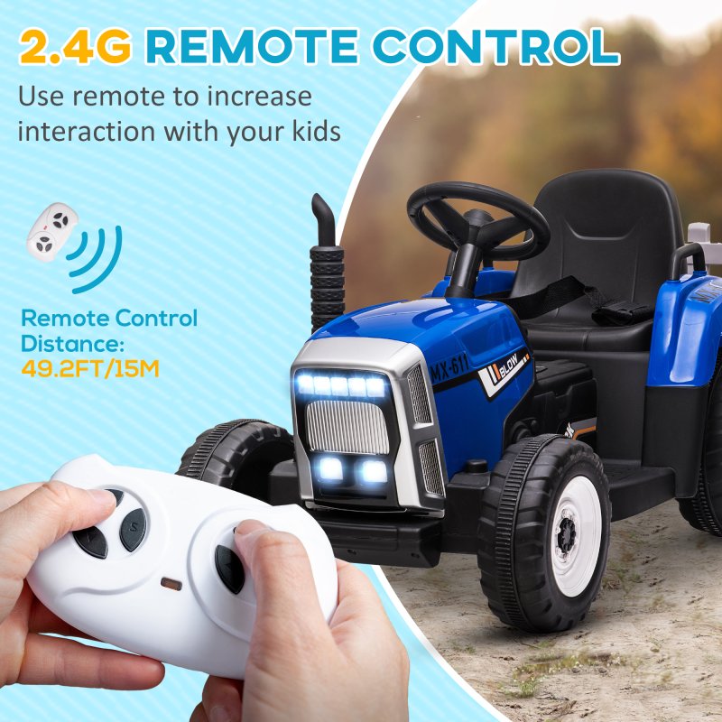 HOMCOM Electric Ride on Tractor 12V Kids Electric Car with Detachable Trailer Remote Control, Music, Horn, Lights, Start-Up Sound, for Ages 3-6 Years - Blue