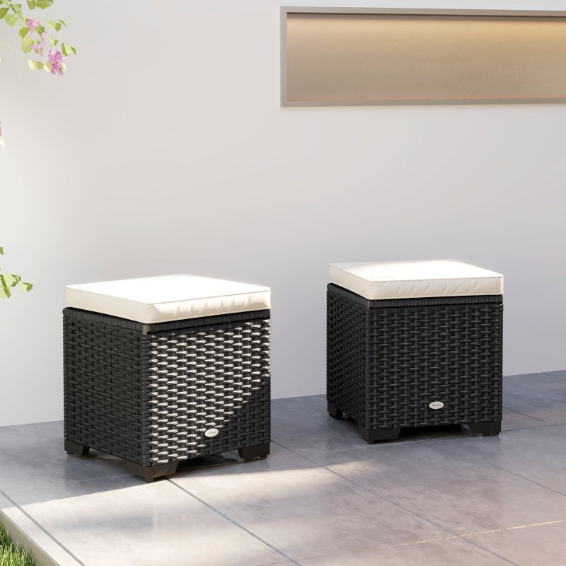 Outsunny Set of 2 Rattan Storage Ottoman, Outdoor Footstool with Removable Cushions, Garden Storage Seat for Balcony, Porch, Living Room, Cream White