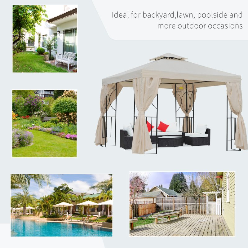 Outsunny 3 x 3 m Garden Gazebo Double Roof Marquee Patio Wedding Party Tent Canopy Shelter with Sidewalls (Beige)