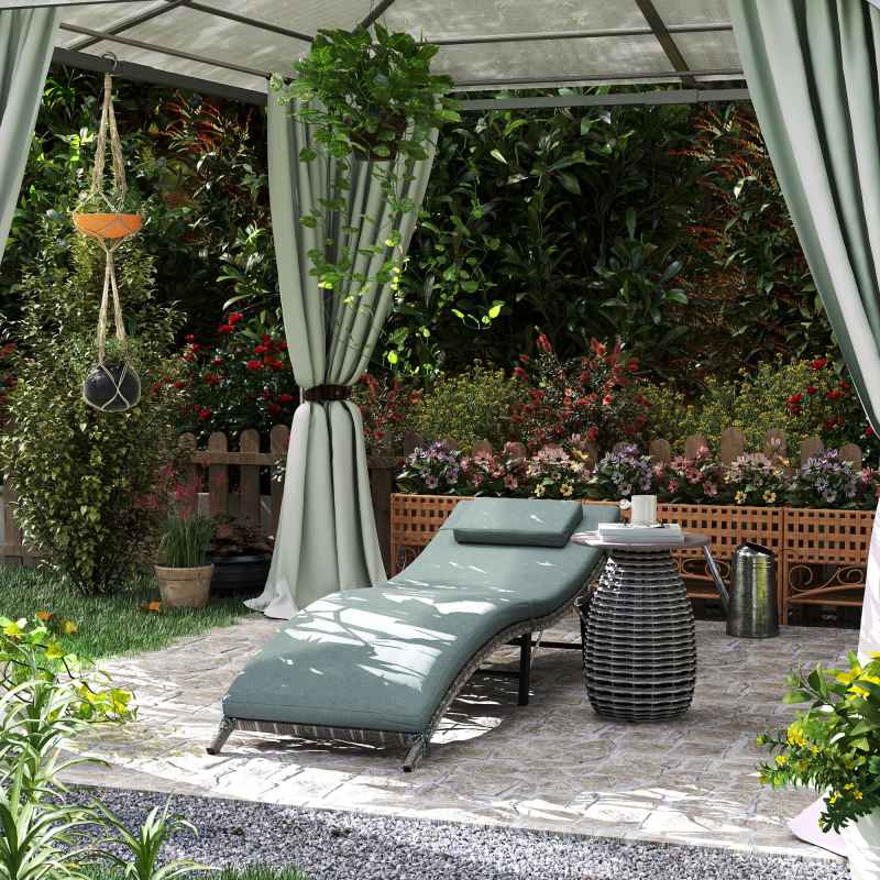 Outsunny Folding Rattan Sun Lounger, Wicker Garden Lounger with Cushion and Pillow, Outdoor Sunbed with Steel Frame for Patio, Beach, Terrace, Mixed Grey