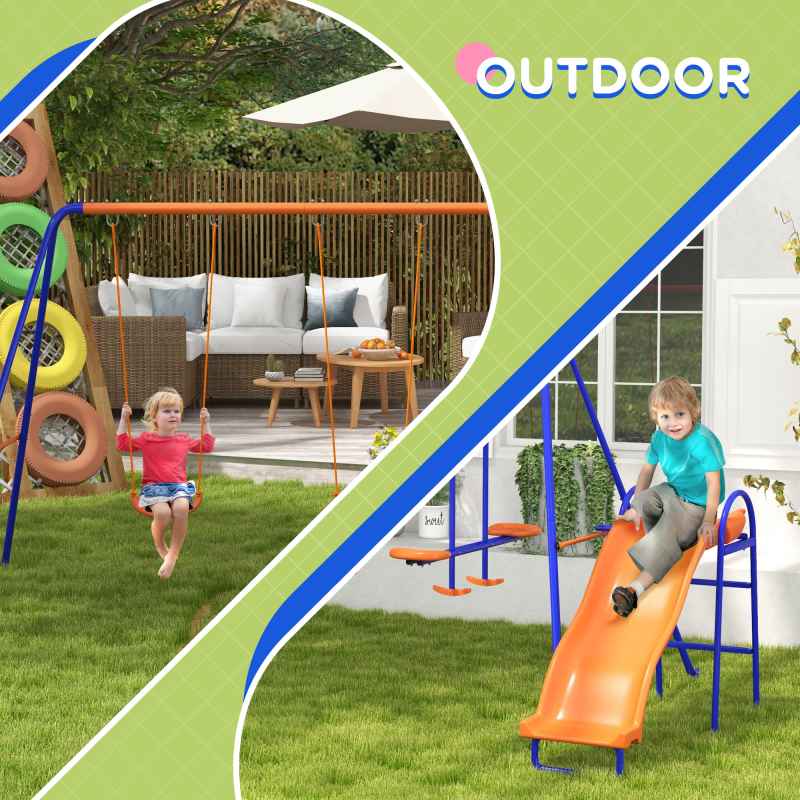 Outsunny 4 in 1 Garden Swing Set, Metal Kids Swing Set w/ Double Swings, Glider, Slide, Ladder, for Outdoor Play - Multicoloured