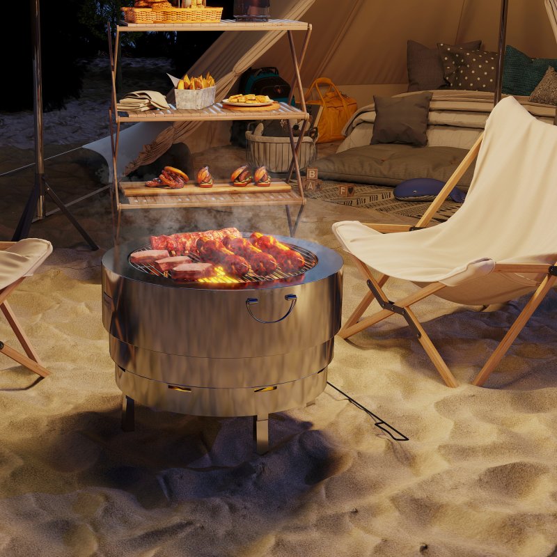 Outsunny Outdoor Round Fire Pit with Grill Net, Portable Wood Burning Firepit with Poker and Foldable Legs, Stainless Steel for Patio Bonfire BBQ Camping, Silver