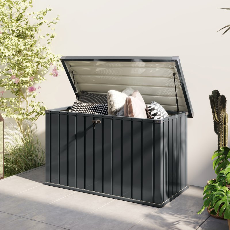 Outsunny 400L Garden Storage Box Waterproof Metal Outdoor Storage Box with Lockable Lid, Storage Container Furniture Deck Box, 124 x 66 x 72 cm, Dark Grey