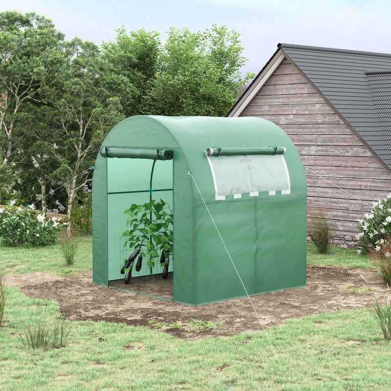 Outsunny Walk in Polytunnel Greenhouse, Tomato Greenhouse with Roll-up Window and Door, PE Cover, Steel Frame for Garden, 1.8 x 1.8 x 2 m, Green