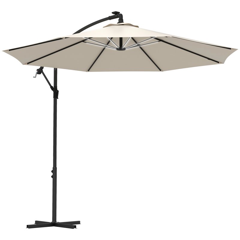 Outsunny 3(m) Banana Cantilever Parasol with Solar LED Lights, Garden Umbrella with Cross Base and Crank Handle, Hanging Offset Sun Shade for Outdoor, Patio, Beige
