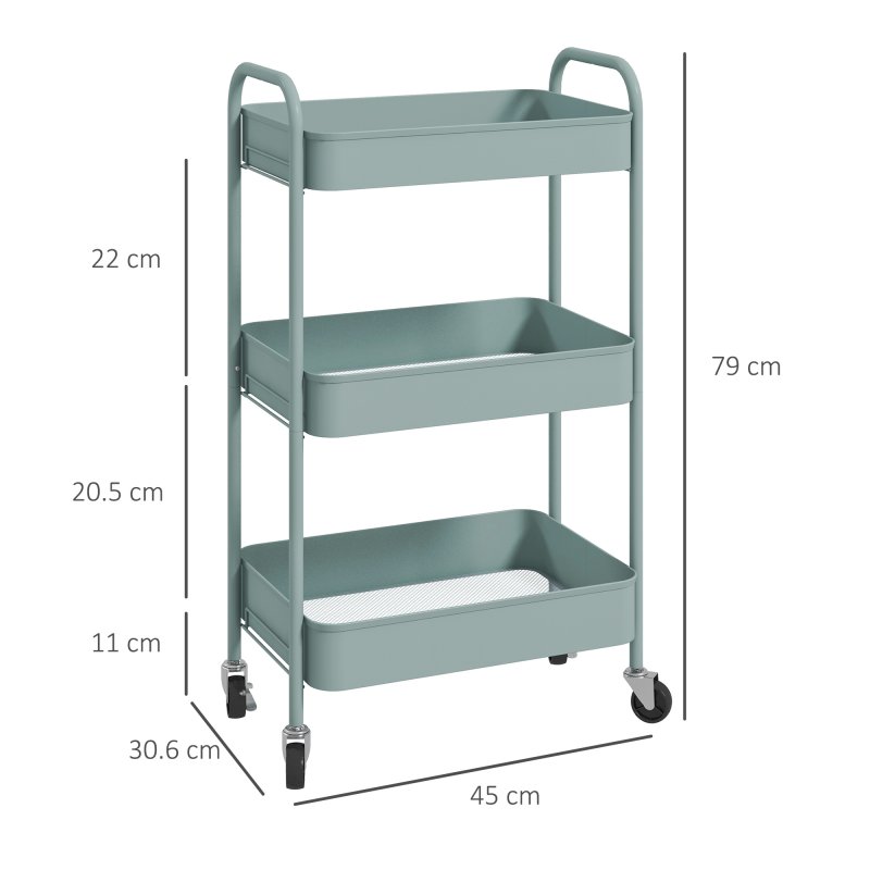 HOMCOM 3-tier Storage Trolley on Wheels, Metal Storage Cart, Rolling Ultility Cart with 3 Mesh Baskets for Living Room, Kitchen, Light Blue