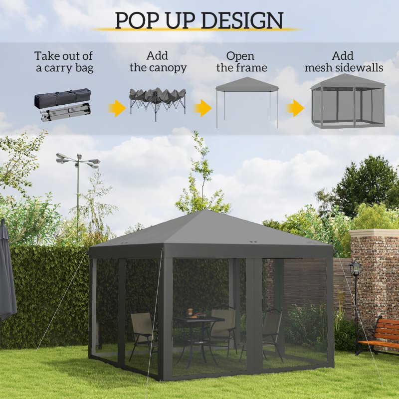 Outsunny 3 x 3m Pop Up Gazebo, 420D Garden Tent Canopy with Removable Mesh Sidewall Netting, Carry Bag for Garden Patio Outdoor, Light Grey