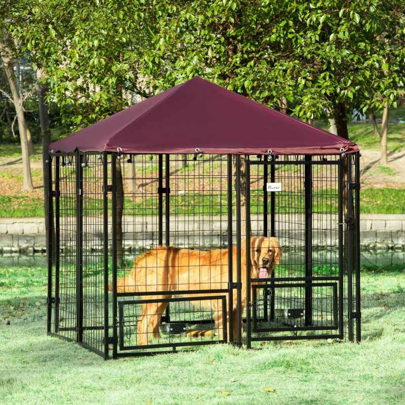 PawHut Outdoor Dog Kennel with Rotating Bowl Holders, Dog Run with Water and UV-Resistant Cover for Medium & Small Dogs, Red