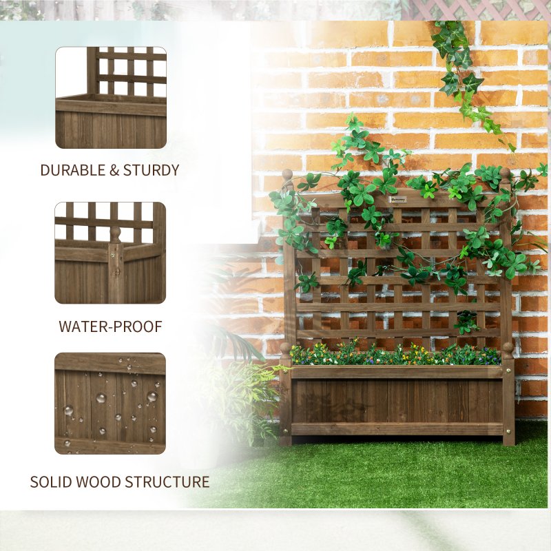Outsunny Garden Planters with Trellis for Climbing Vines, Wooden Raised Beds for Garden, Free Standing Flower Pot, Indoor Outdoor Display Rack, 64 x 28 x 75 cm, Brown