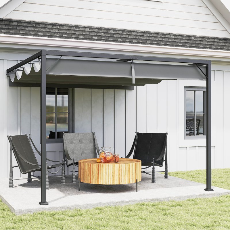 Outsunny 3 x 3(m) Outdoor Lean To Pergola Retractable Canopy Wall Mounted Gazebo Patio Shelter Sun Shade, Grey