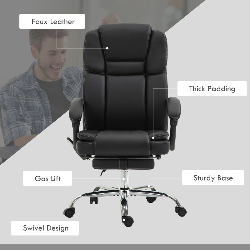 Vinsetto Office Chair with 6-point Vibration Massage and Heat, PU Leather High Back Recliner Desk Chair with Adjustable Height, Armrest, Footrest for Home, Black