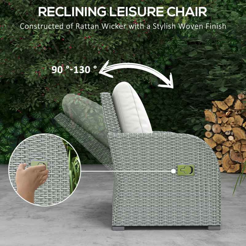 Outsunny Rattan Garden Furniture 7 Seater Sofa & Coffee Table Footstool Set Outdoor Patio Wicker Weave Reclining Chair Space-saving - Light Grey
