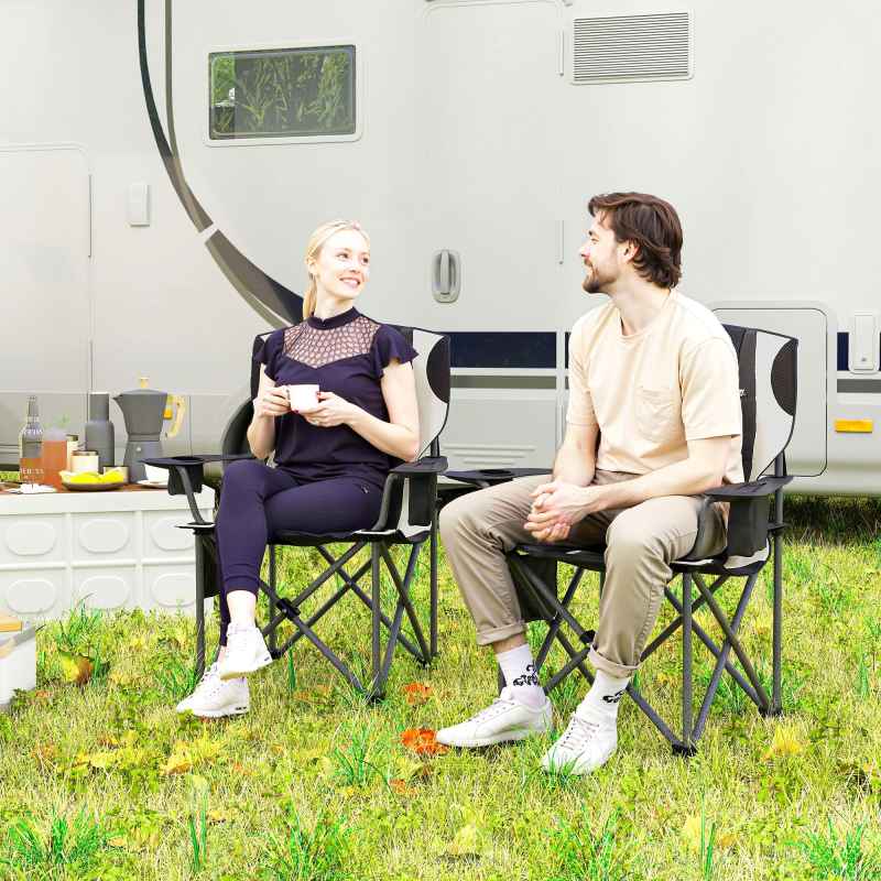 Outsunny Set of 2 Folding Camping Chairs, Padded Camping Chairs with Adjustable Armrests, Portable & Lightweight Folding Camp Chair with Cooler Bag, Cup Holder and Side Pockets, Black