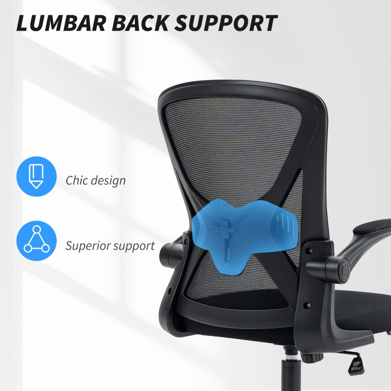 Vinsetto Ergonomic Mesh Office Chair with 90° Flip-up Armrests and Lumbar Support, Height Adjustable Computer Chair with Swivel Wheels, Black