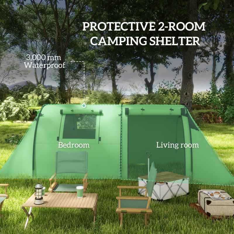 Outsunny 3-4 Man Camping Tent, Large Family Tunnel Tent with Bedroom and Living Room, 3000mm Waterproof, Portable with Bag, for Fishing Hiking Festival, Dark Green