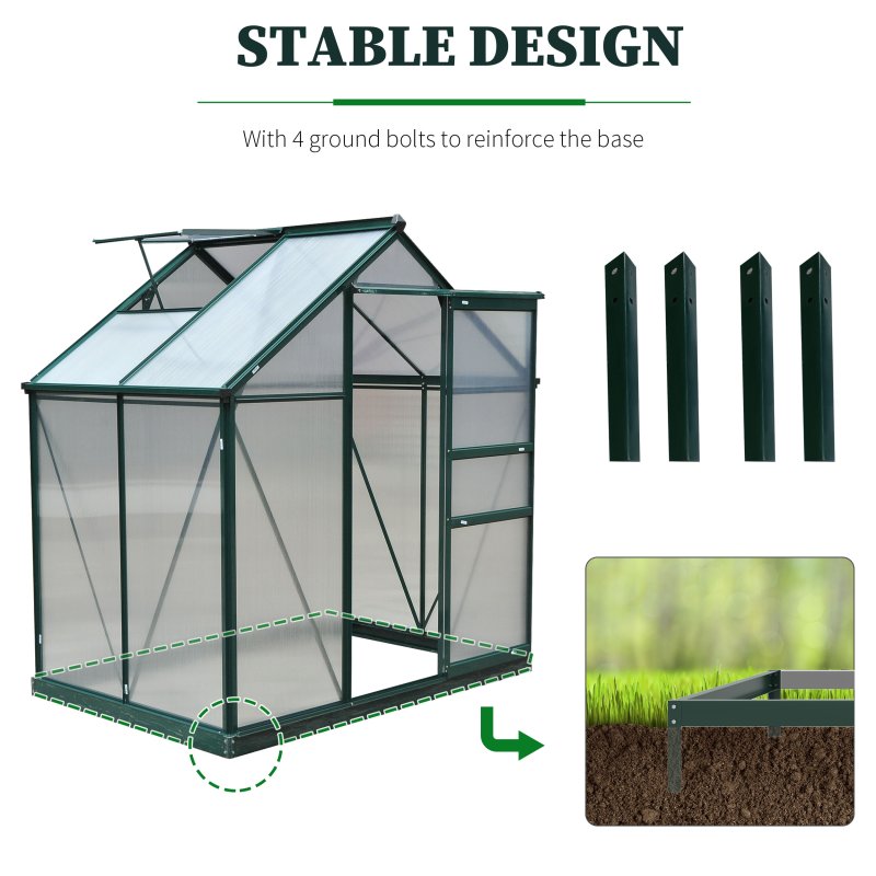 Outsunny 6 x 4ft Polycarbonate Greenhouse, Large Walk-In Green House with Slide Door and Window, Garden Plants Grow House with Aluminium Frame and Foundation, Dark Green