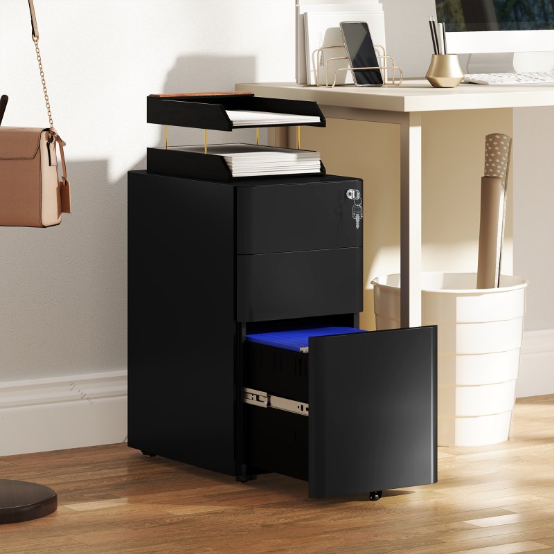 Vinsetto 3-Drawer Mobile Filing Cabinet, Steel Lockable File Cabinet for A4, Legal, Letter, Compact Under Desk Storage Unit with Pre-Assembled Body for Home Office, 30 x 45 x 59cm, Black