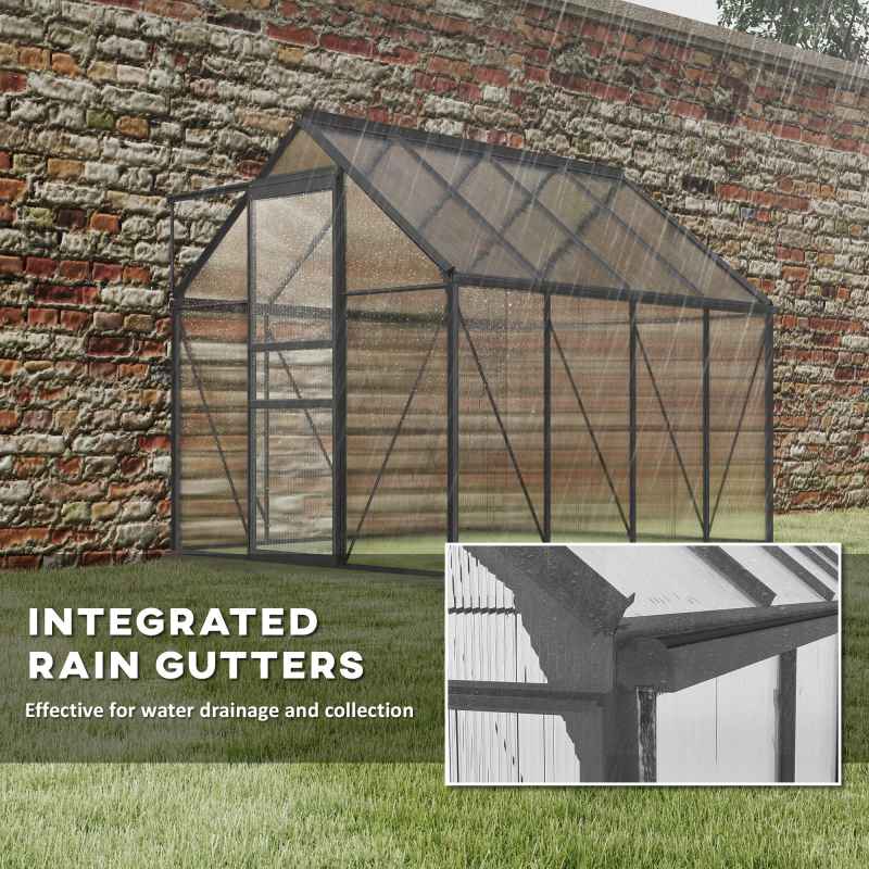 Outsunny 6 x 8ft Polycarbonate Greenhouse, Large Walk-In Greenhouse with Adjustable Roof Vent, Garden Green House with Galvanised Base, Sliding Door and Rain Gutter, Dark Grey
