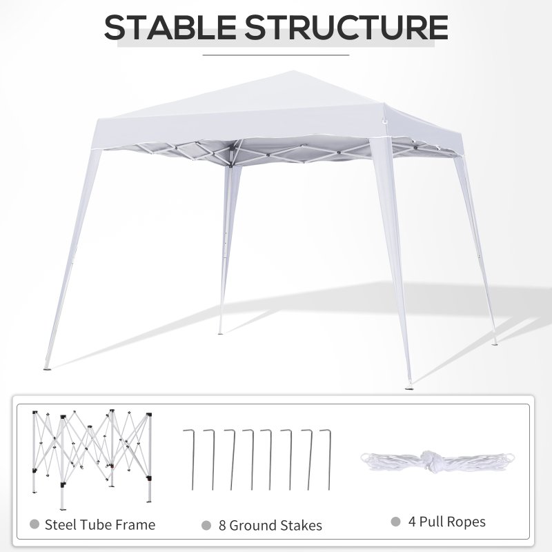 Outsunny 3 M x 3 M Base/ 2.5 M x 2.5 M Top Pop Up Gazebo, 2 Person Setup Instant with Carry Bag, Height Adjustable Slant Leg Party Tent Instant Event Shelter for Garden, Patio, White