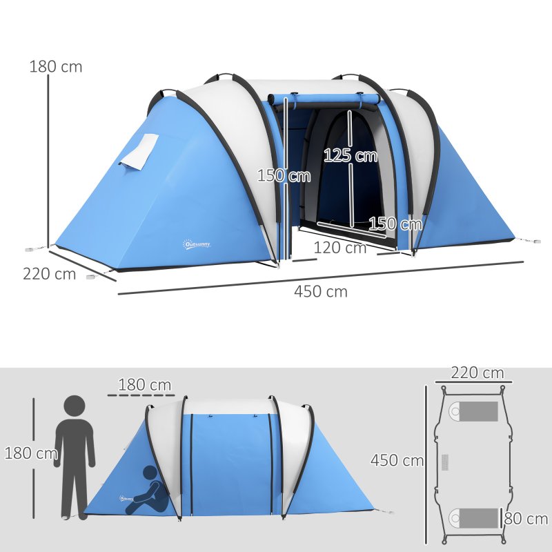 Outsunny 4-5 Man Camping Tent with 2 Bedrooms, Living Area and Awning, 3000mm Waterproof Large Family Tent, Portable with Bag, for Fishing Hiking Festival, Blue