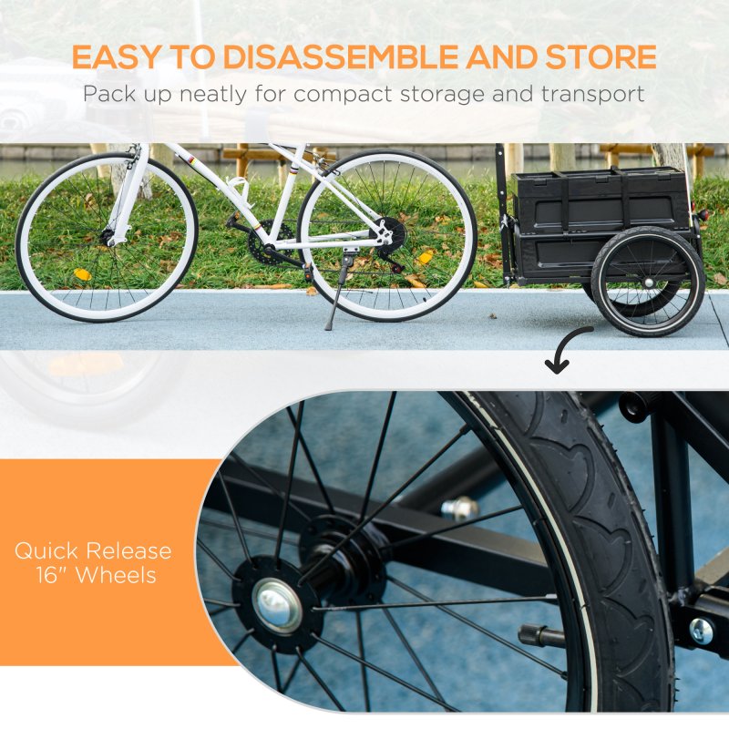 HOMCOM Bike Trailer, Bicycle Cargo Trailer Wagon Cart with 65L Foldable Storage Box, Pneumatic Tyres and Safe Reflectors, Max Load 40KG, Black