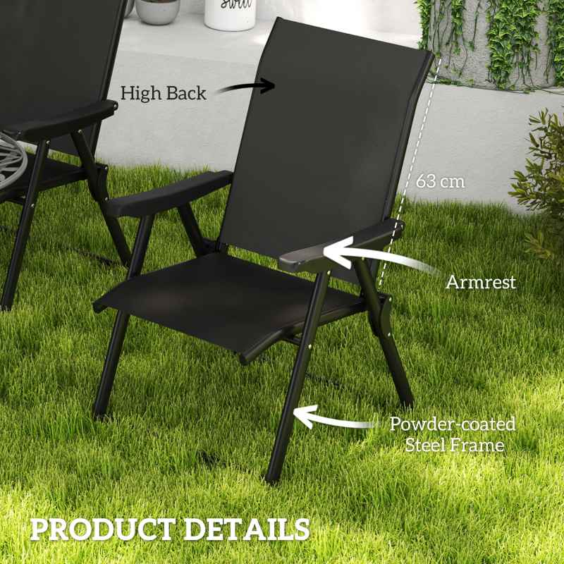 Outsunny Set of 2 Folding Chair, Garden Chair Set with Breathable Mesh Back and Seat, Outdoor Camping Chairs with Armrests, Steel Frame for Deck Balcony, Black
