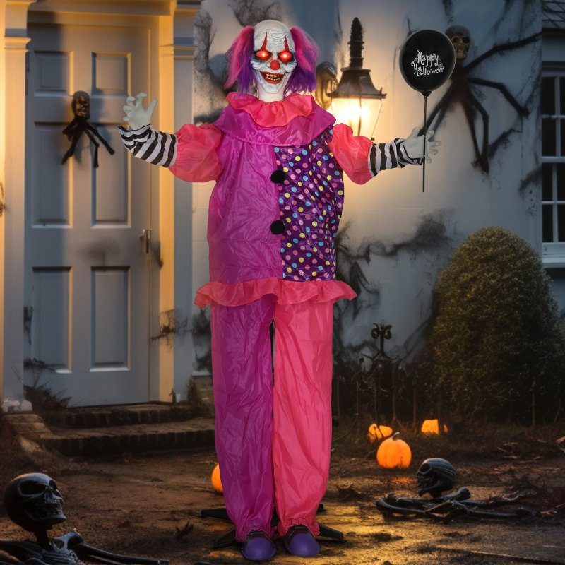 Outsunny 5.7ft/175 cm Life Size Halloween Animated Clown & Balloon with Red Light Up Eyes, Sound Activated Moving Body, Scary Clown Halloween Decorations, Battery Operated, Indoor Party Props