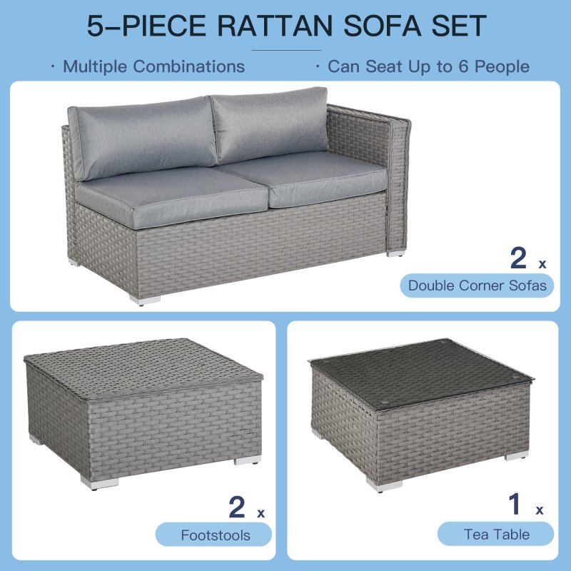 Outsunny 5 Pieces Rattan Garden Furniture Set, Wide & Deep Garden Sofa with Thickened Cushions, Outdoor Furniture Conservatory Set with Loveseats, Footstools and Glass Top Table for Patio, Grey