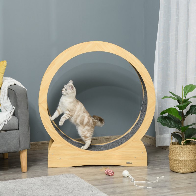 PawHut Cat Treadmill, Cat Exercise Wheel, 30 inch Kitten Running Wheel with Brake, Carpeted Runway for Exercise - Natural Wood Finish