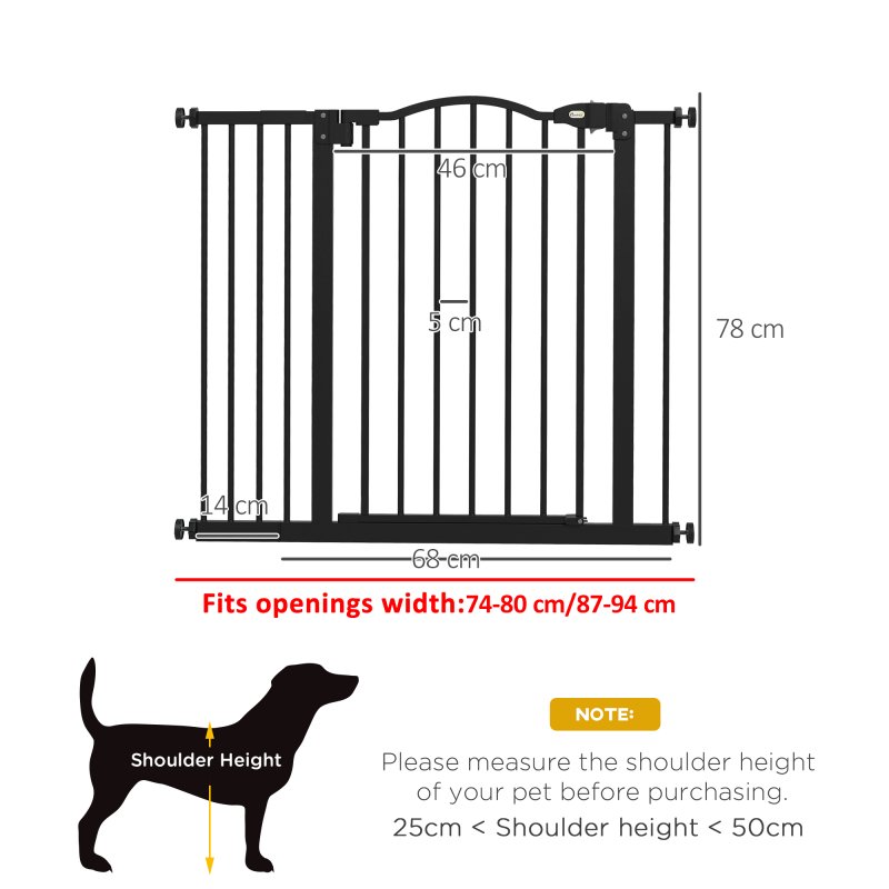 PawHut Pressure Fit Dog Stair Gate No Drilling Safety Gate Auto Close for Doorways, Hallways, 74-94cm Adjustable, 78cm Tall, Black