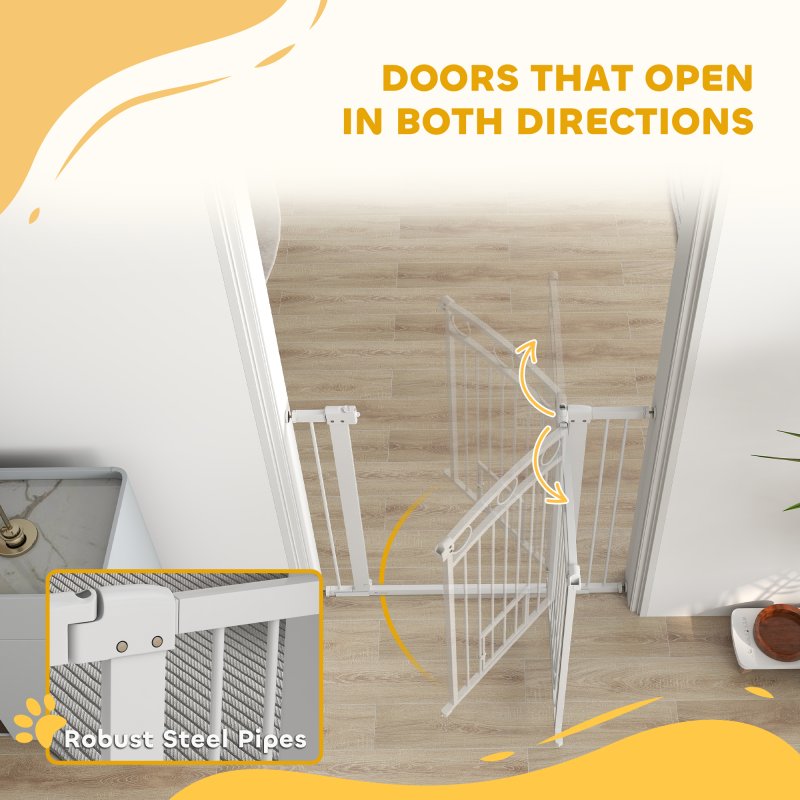 PawHut Dog Stair Gate 96cm Extra Tall Height, 76-104cm Adjustable Width Pressure Fit Safety Gate with Cat Door, 7cm and 14cm Extensions for Stairs, Doorways, Easy Installation, White