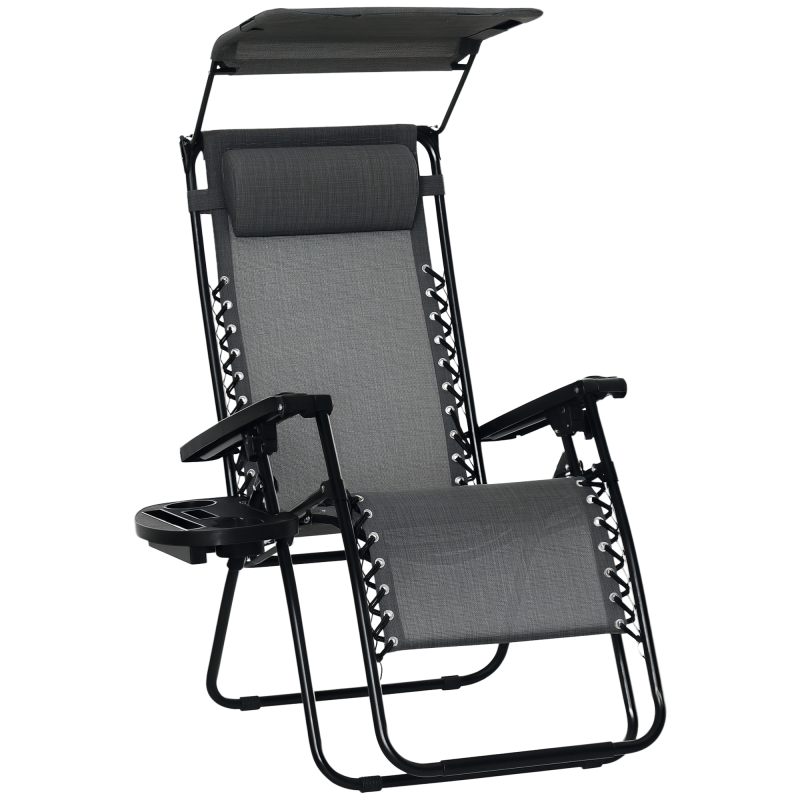 Outsunny Foldable Reclining Garden Chair with Headrest, Zero Gravity Deck Sun Lounger Seat Chair with Footrest, Armrest, Cup Holder & Canopy Shade, Light Grey