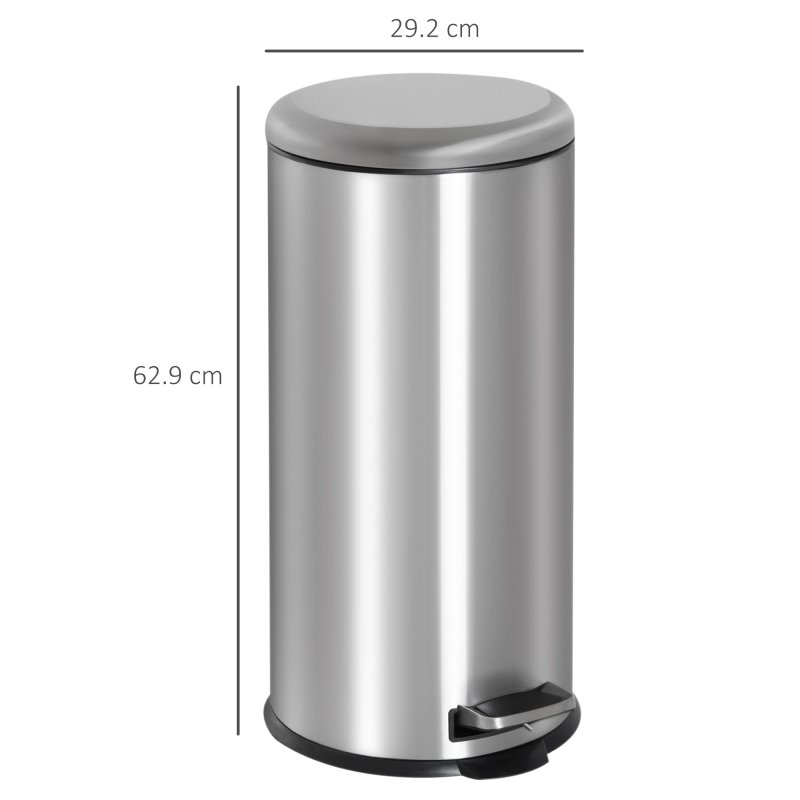 HOMCOM Foot Pedal Bin Stainless Steel Metal Waste Rubbish Lid Kitchen Garbage 30L Silver