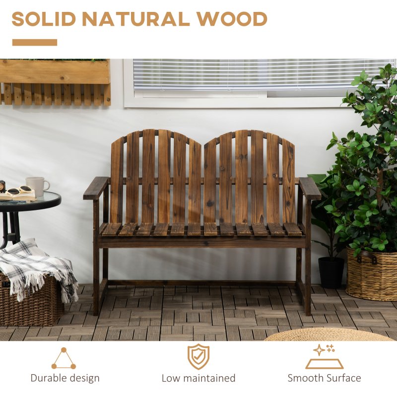 Outsunny Outdoor Wooden Garden Bench, Patio Loveseat Chair with Slatted Backrest and Smooth Armrests for Two People, for Yard, Lawn, Porch, Carbonised Finish