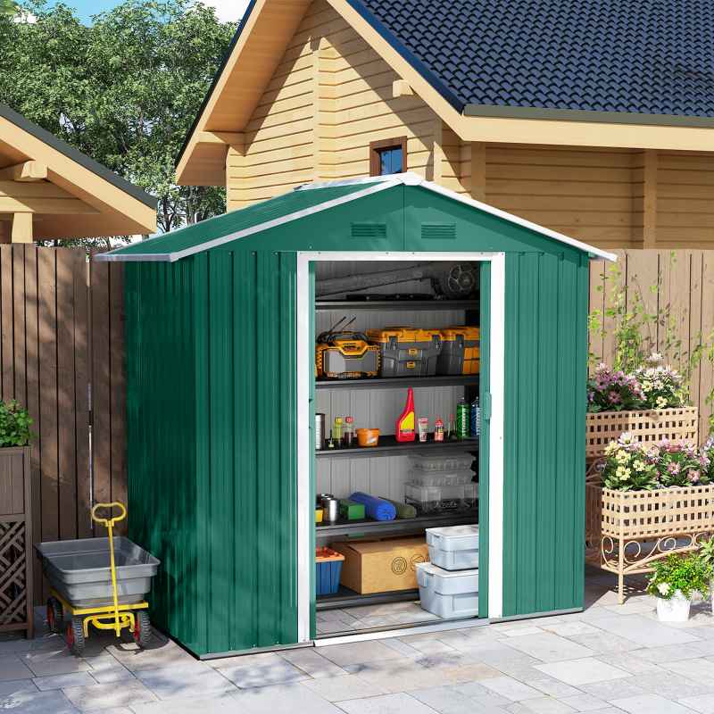 Outsunny 6.5ft x 3.5ft Garden Storage Shed, Large Metal Shed for Outdoor Storage with Double Sliding Doors and 4 Vents, Green