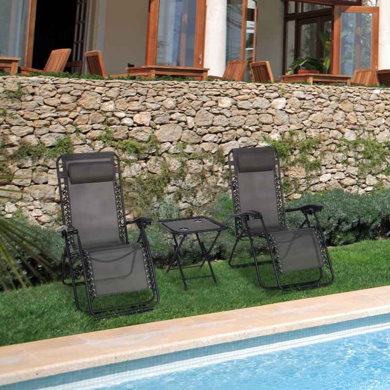 Outsunny Folding Zero Gravity Chairs, 3 Pieces Adjustable Sun Lounger and Table Set with Cup Holder and Headrest, Patio Bistro Set with Reclining Garden Chairs for Outdoor, Dark Grey