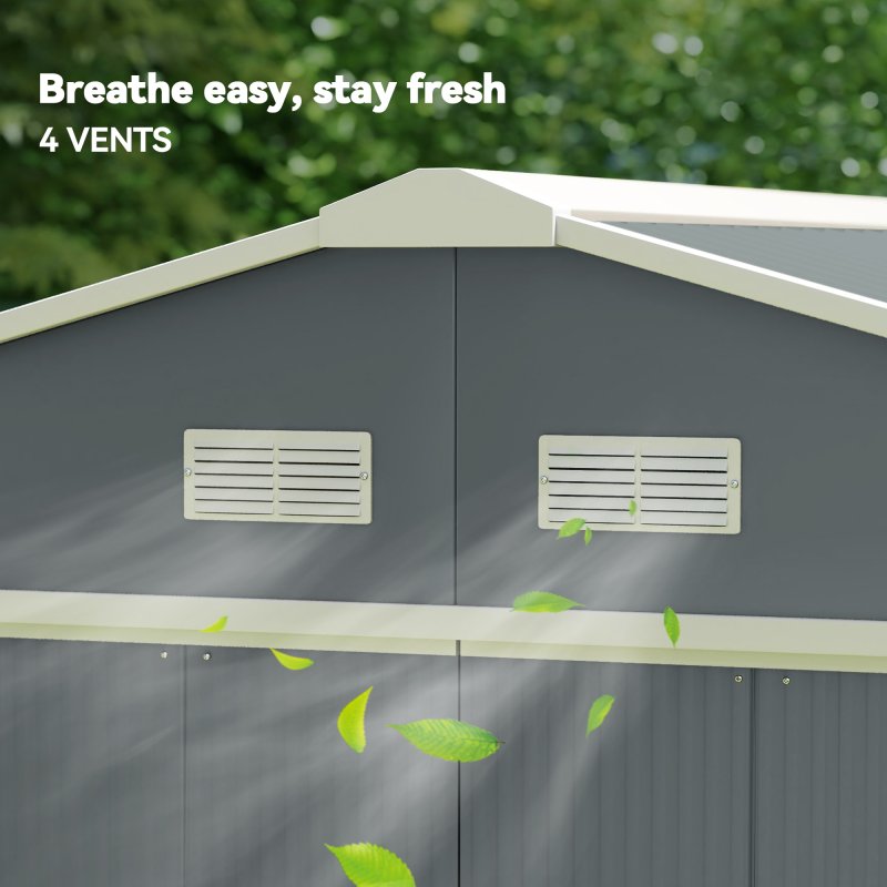 Outsunny 13 x 11ft Metal Garden Shed, Outdoor Storage Tool House with Ventilation Slots, Foundation Kit and Lockable Double Doors, Grey