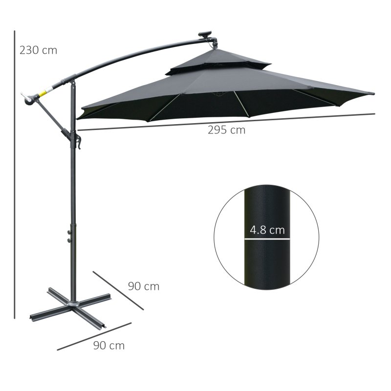 Outsunny 3(m) Cantilever Banana Parasol Hanging Umbrella with Double Roof, LED Solar lights, Crank, 8 Sturdy Ribs and Cross Base for Outdoor, Garden, Patio, Black